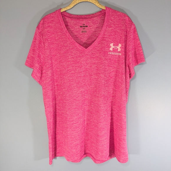Under Armour Pink Freedom Quick Dry V Neck Athletic Tee - Picture 1 of 5